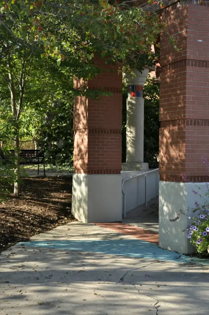 Brick columns and a ramp lead into a park, brick mailbox in Chocowinity NC