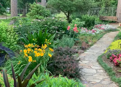 Yellow and red flower garden, concrete driveway in Bath NC