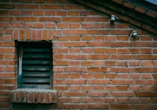 A brick wall with a window and two birds on it, porch steps in Belhaven NC