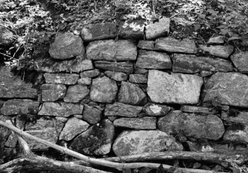 An old stone wall with vegetation and fallen branches, stone masonry in Greenville NC